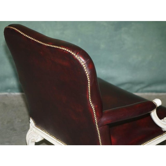 Vintage French Louis XV Style Oxblood Leather Armchair with Painted Frame For Sale - Image 17 of 18