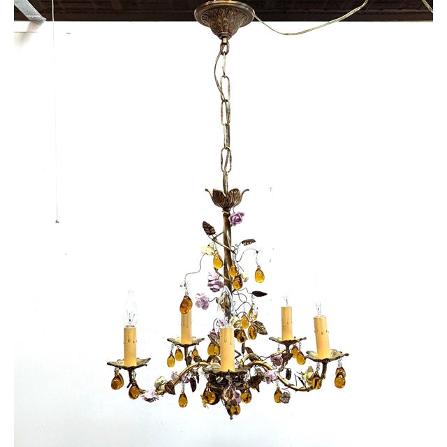 Charming French Tole Bronze Ceramic Flower Chandelier. Brass & Bronze Tole Chandelier all handcrafted adorned with...