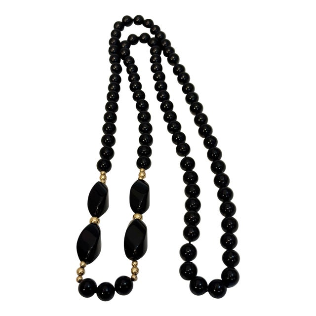Round 8 MM Bead Black Onyx & 14 Karat Gold Bead Necklace 32 Inch Long For Sale - Image 15 of 18