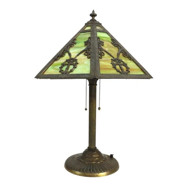 American Arts & Crafts Rainaud 6 Panel Slag Glass Lamp, Manner of Bradley & Hubbard C1920 For Sale - Image 3 of 12