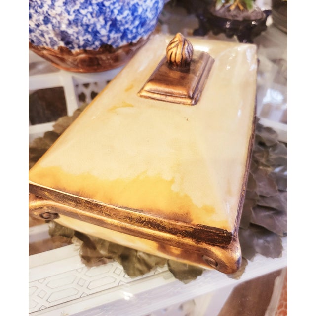 Yellow Vintage Ceramic Pale Yellow, Green Gold Fleur De Lis Decorative Storage Box For Sale - Image 8 of 10