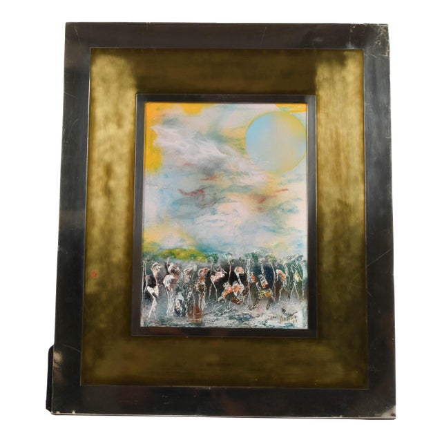 Framed Signed J. Akston "Moon Madness, 1974" Enamel and Acrylic on Masonite For Sale