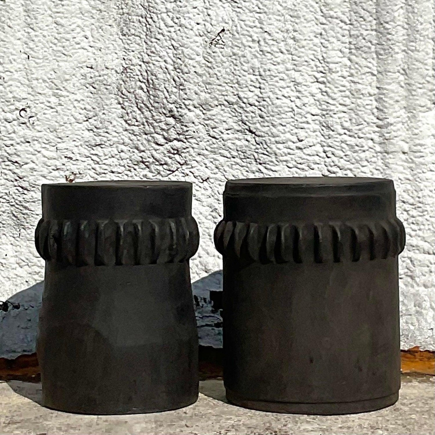 Vintage Boho Ebony Paddle Stump Low Stools - A Pair - Side view