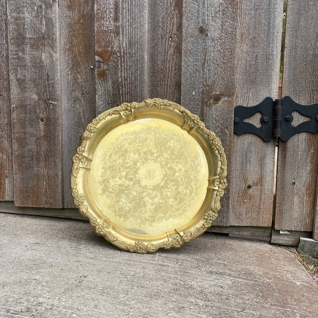 Elegant Floral Rim Engraved "B" Brass Tray.