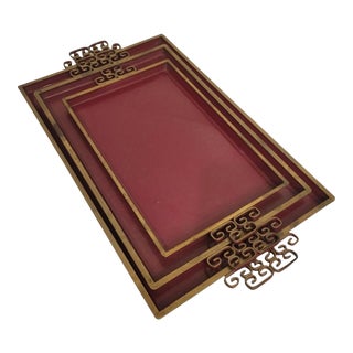 Vintage Gold Red Lacquered Greek Key Hollywood Regency Graduated Serving Tray Set of 3 For Sale