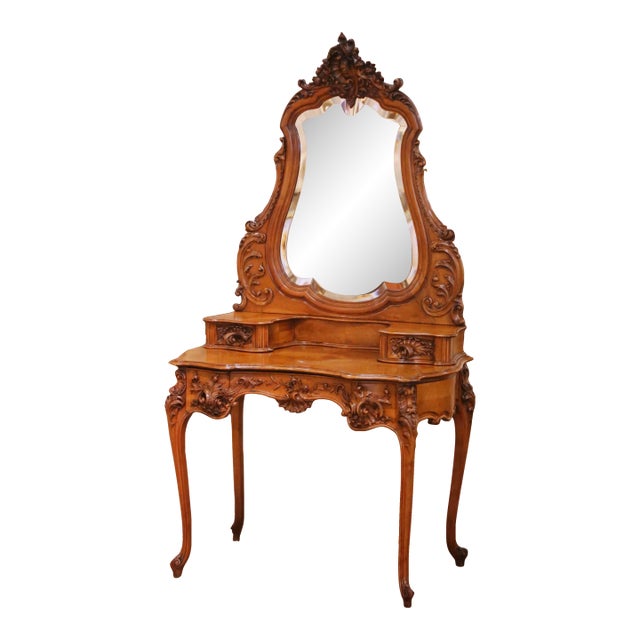 19th Century French Louis XV Style Walnut Coiffeuse Dressing Table With Mirror For Sale