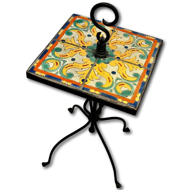 1920s Rare Vintage 1920s California Catalina Island Art Pottery Tile & Hand Wrought Iron Patio Stand - AccentTable For Sale - Image 5 of 18