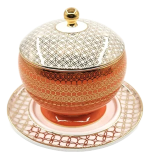 Stunning Chinese Porcelain Coral & Gold Porcelain Lidded Bowl With Saucer With a Modern Geometric Design