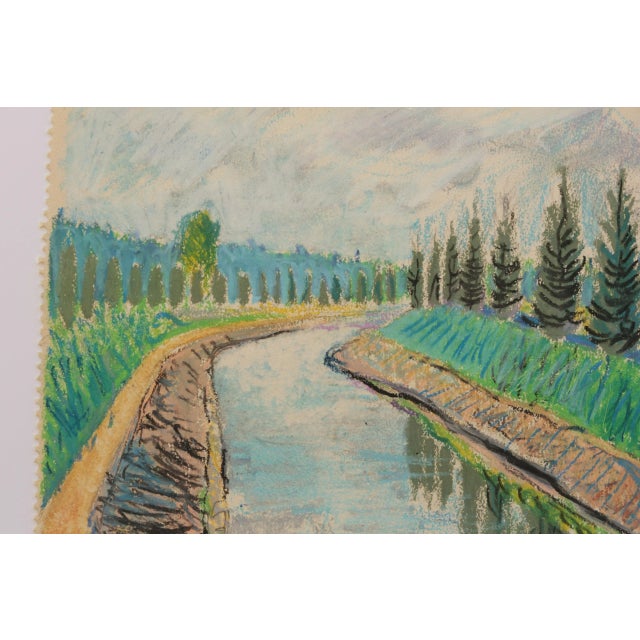 1950s Mid-Century Swedish Folk Art Original Oil Pastel Painting, Canal With a Rowboat and Greenery For Sale In San Diego - Image 6 of 18