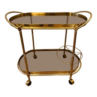 Italian Smoked Glass Two Tiered Oval Bar Cart For Sale