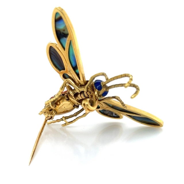 Late 20th Century Coral Abalone Shell Lapis 18k Yellow Gold Large Movable Fly Pin Brooch For Sale - Image 5 of 9