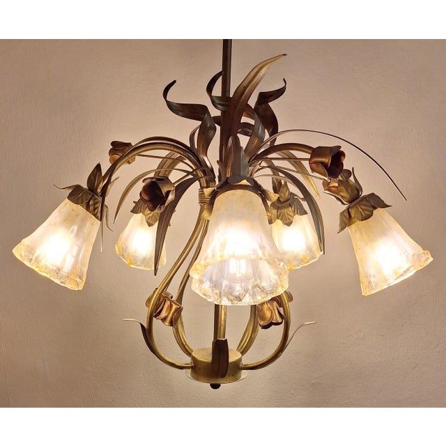 Metal Vintage German Ceiling Lamp with Colored Floral Decorated Metal Frame and Five Slightly Tinted Glass Shades from Serpetaler Leuchten, 1990s For Sale - Image 7 of 10