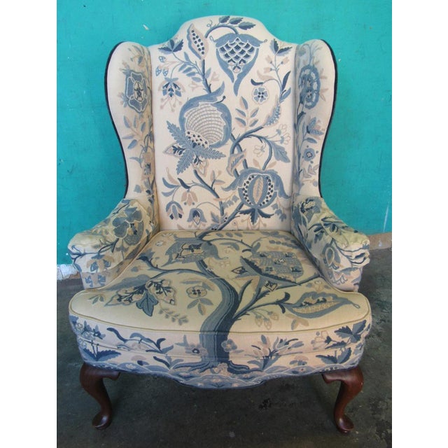 Vintage Queen Anne Style Embroidered Wingback "Tree of Life" Chair by