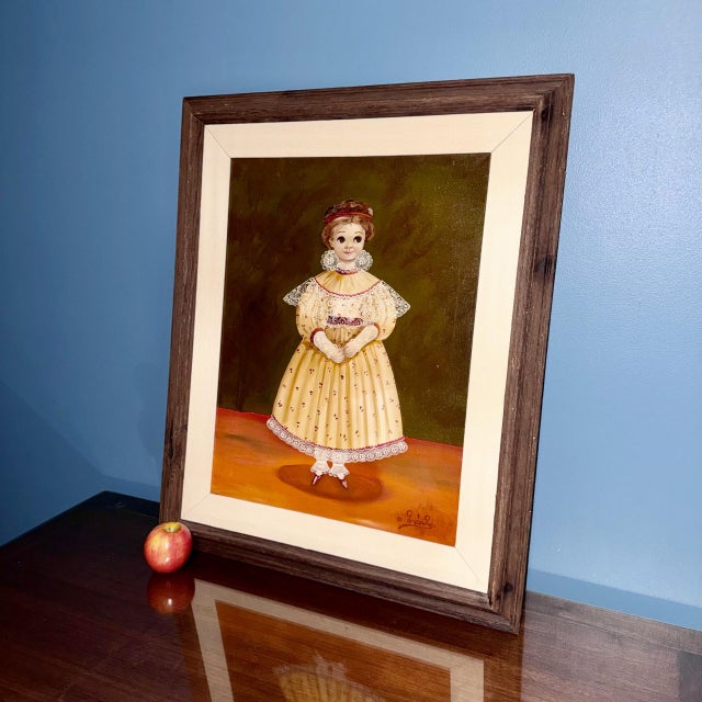 Mid 20th Century Agapito Labios Mexican Girl Folk Art Painting Oil on Canvas For Sale - Image 9 of 9