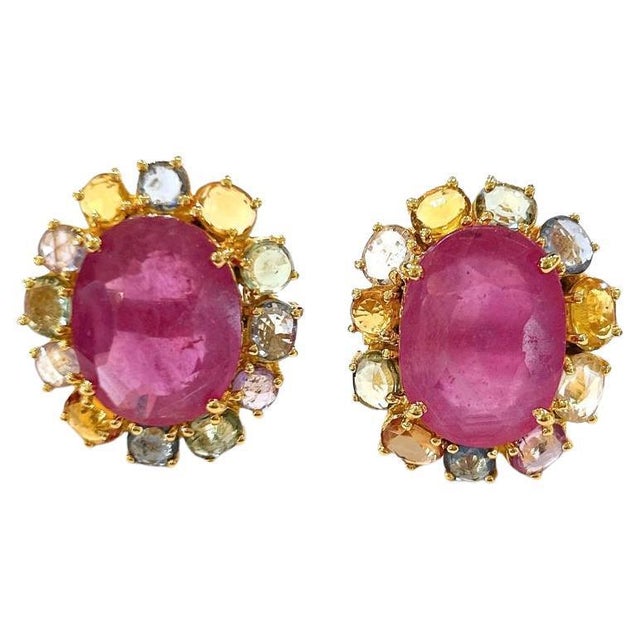 Bochic "Orient" Pastel Sapphires & Red Rubies Earrings Set In 18K Gold & Silver For Sale - Image 15 of 18
