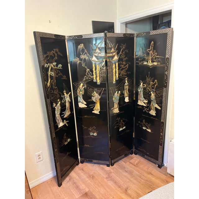 Mid-20th Century Chinese Black Lacquer 4-Panel Room Divider Screen With Carved Soapstone & Mother-of-Pearl Inlay For Sale - Image 9 of 9