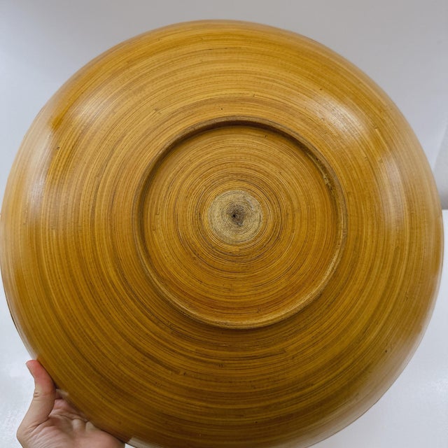 Brown Vintage Extra Large Bamboo Serving Bowl | Hand Turned Wooden Salad Bowl | Mid Century Modern Natural Wood Centerpiece | Boho Farmhouse Decor For Sale - Image 8 of 9
