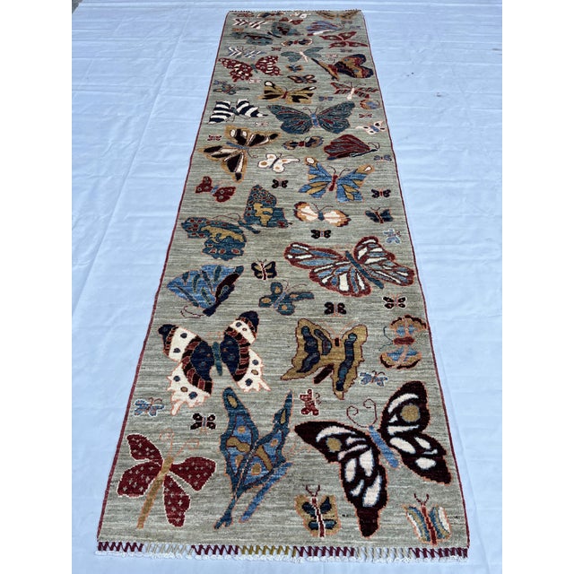 Contemporary Hand-Knotted Pictorial Butterfly Runner on Natural Grey, 2'10" X 9'8" For Sale - Image 3 of 9