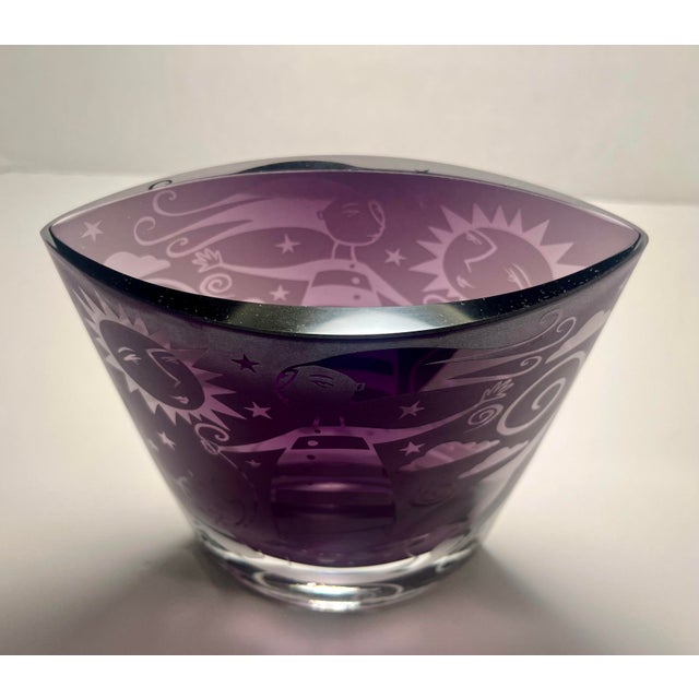 2003 Leandra Drumm Amethyst Etched Art Glass Girl & Cat Vase Signed 8″ For Sale - Image 4 of 11