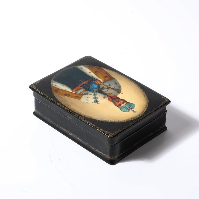Paint Hand-Painted Russian Box of Tsar Nicholas II With Vermillion Red Interior For Sale - Image 7 of 13