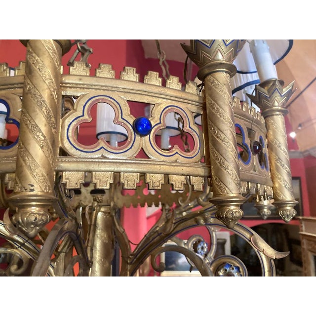 Large 19th Century Italian Gothic Revival Gilt Bronze and Enameld 12 Candle Lights Chandelier For Sale - Image 16 of 18
