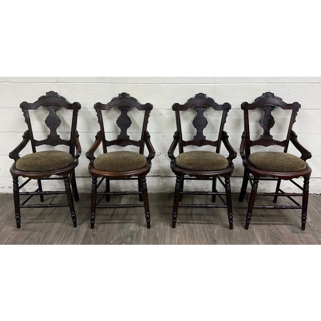 Victorian Antique Victorian Eastlake Style Walnut Dining Arm Chairs - Set of 4 For Sale - Image 3 of 14