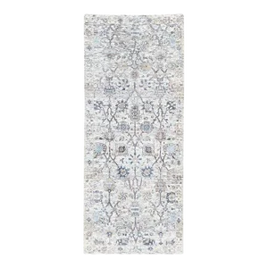 Ivory Silk With Textured Wool Tabriz Vase and Pomegranate Design Hand Knotted Oriental Runner Rug