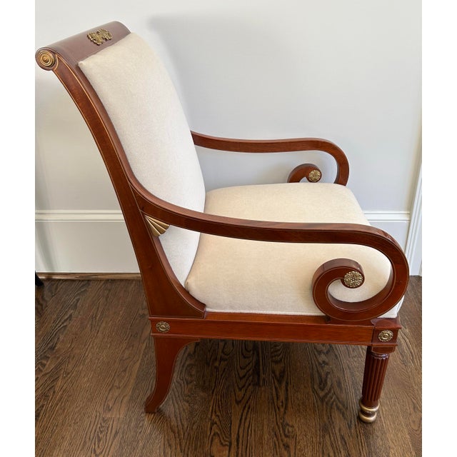 Traditional Kindel Neoclassical Empire Regency Mahogany Scroll Lounge Arm Chair With New Upholstered Scalamandre Mohair For Sale - Image 3 of 5