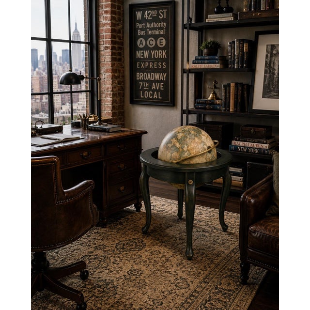 Queen Anne Emerald Green Vintage Library Globe on Queen Anne Stand – Ralph Lauren Style New York Loft Office Decor For Sale - Image 3 of 3