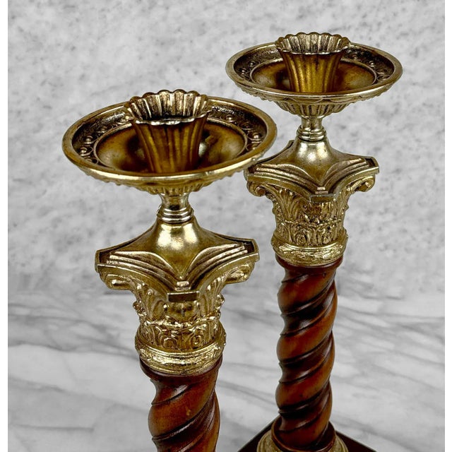 Mid 20th Century Vintage Rococo Gold Mahogany Barley Twist Candlestick Holders - a Pair For Sale - Image 5 of 10