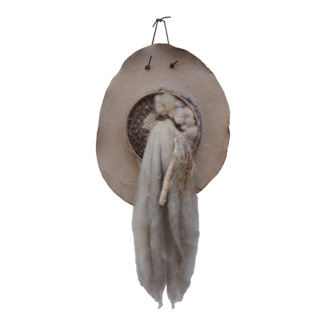 Vintage Handmade Boho Ceramic & Textile Wall Sculpture For Sale