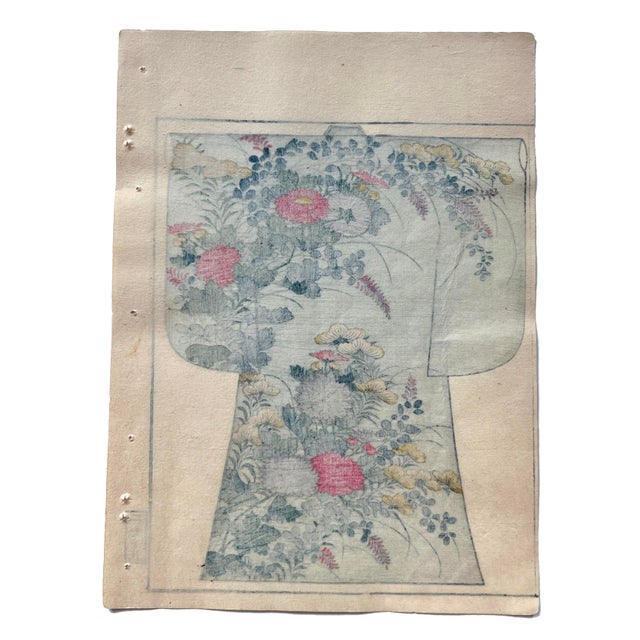 Japanese Antique 1886 Japanese Kimono Design Woodblock Print "Autumn Flowers" With Mat For Sale - Image 3 of 4
