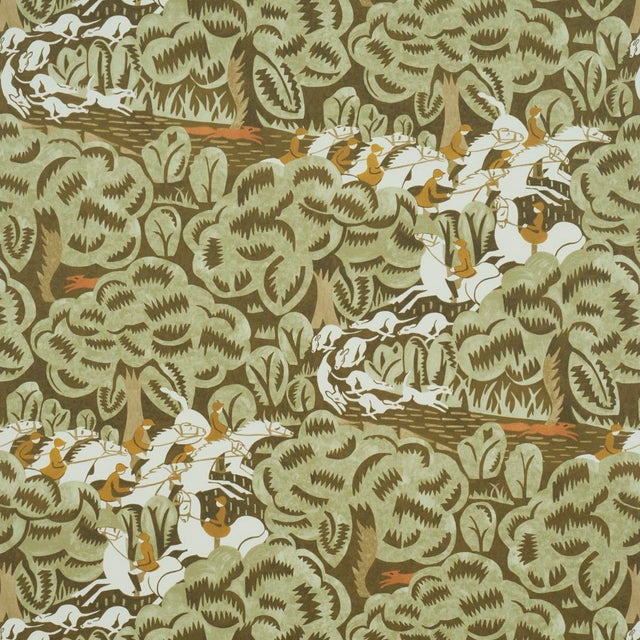 Schumacher x The New Yorker Margaret Schloeman's Fox Chase Wallpaper In Sage & Soft Brown For Sale