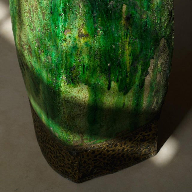 Contemporary Moroccan Tamegroute Green Glazed Vase With Brass Detailing – Handmade Ceramic, One of a Kind For Sale - Image 3 of 5