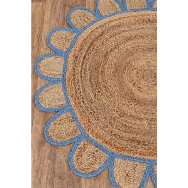 French Blue Round Jute Scallop Rug - 6'x6' For Sale - Image 6 of 9