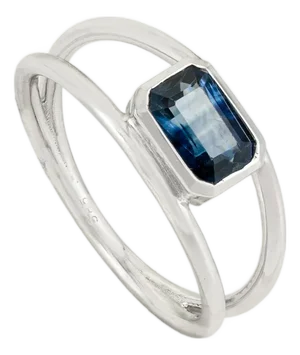 14k Gold 1.12 Carat Blue Sapphire Bezel Set Double Band Modernist Ring Size 4