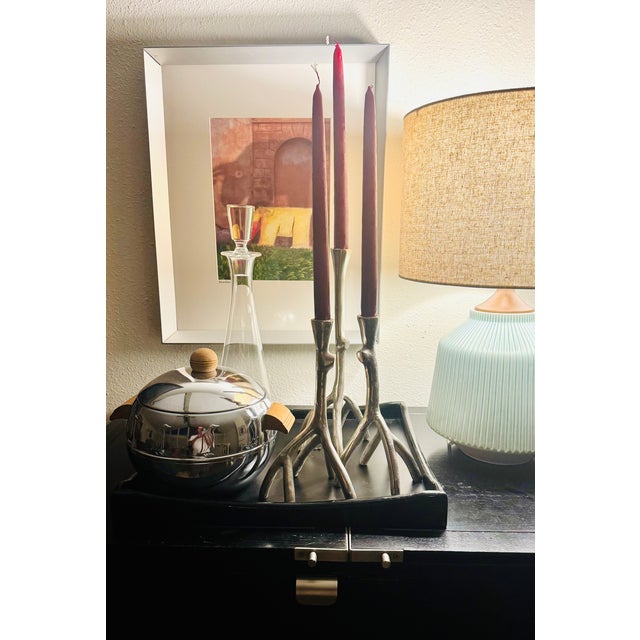 Set of Three Mid-Century Modern Branch-Form Silvered Metal Candlesticks With Burgundy Tapers For Sale - Image 9 of 9