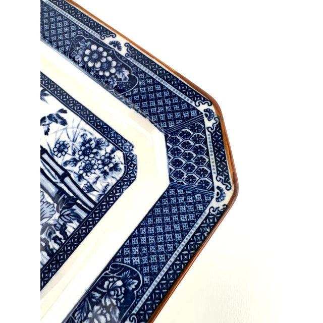 Chinoiserie Antique Blue White Octagonal Dish Bamboo Floral Trinket Plate For Sale - Image 3 of 8