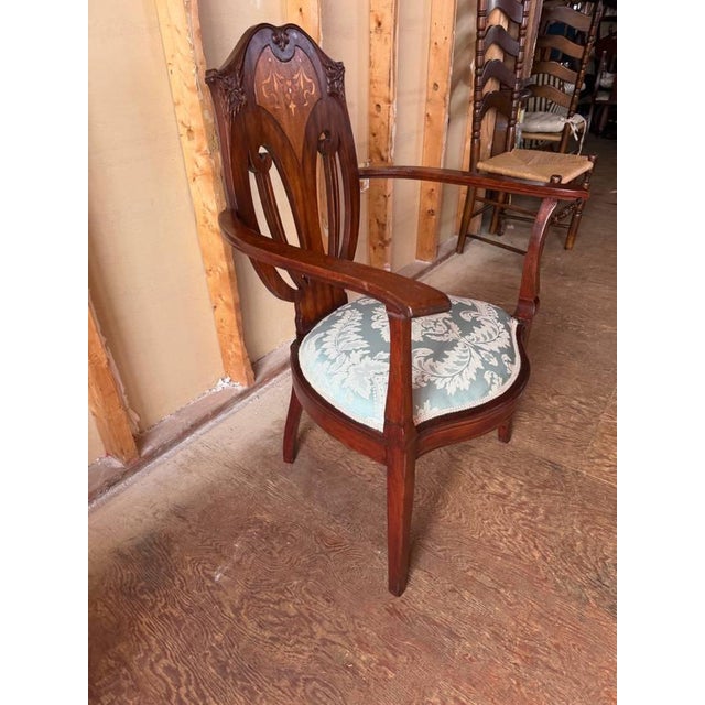 Antique Art Nouveau Marquetry Mixed Wood Oak Open Armchair For Sale - Image 4 of 17