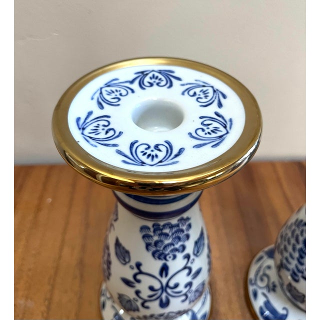 Blue and White Chinoiserie Ceramic Gilded Candlesticks - Set/2 For Sale In San Diego - Image 6 of 6