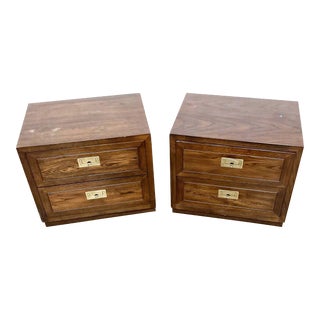 1960s Pair of Vintage Henredon Campaign Walnut Scene One Nightstands For Sale