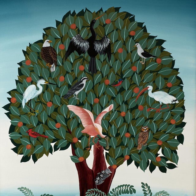 Mid-Century Modern Vintage Modernist Painting of a Tree With Birds and Fruit by Ruth Schindler For Sale - Image 3 of 11