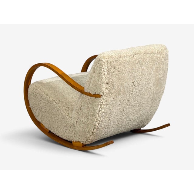Swedish Modern, Rocking Chair, Elmwood, Beige Shearling, Sweden, 1940s For Sale - Image 9 of 13