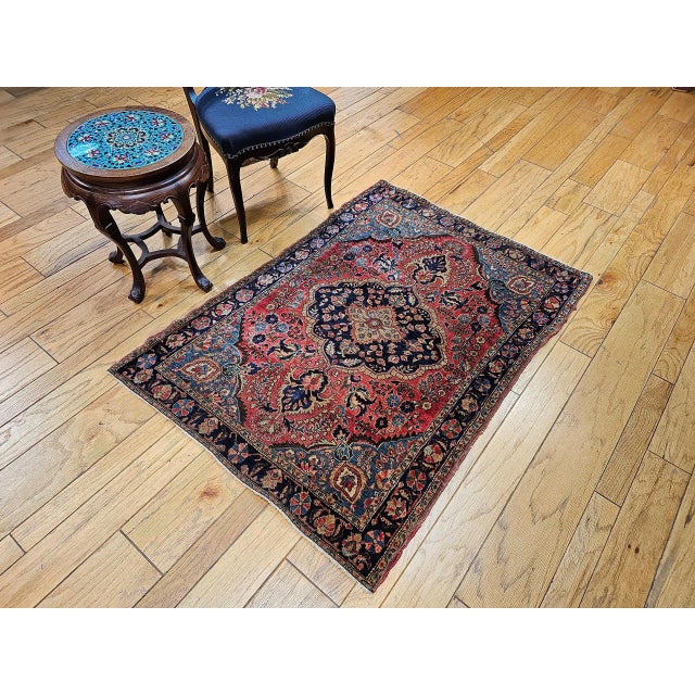Late 19th Century Vintage Persian Sarouk Area Rug, Handwoven Floral Design, Red & Turquoise, 4’ X 5’ For Sale - Image 5 of 12