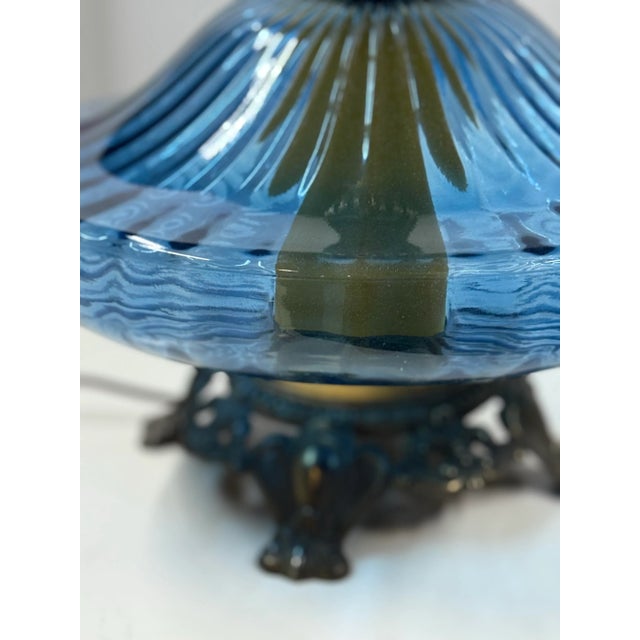 Italian Vintage Monumental Italian Hand Blown Mid-Century Blue Glass and Brass Lamps After Murano-a Pair For Sale - Image 3 of 11