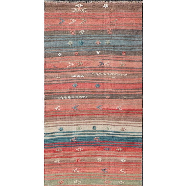 Measures: 2'8 x 14'0 Multicolor Striped Vintage Turkish Kilim Runner with Coral Blue Tones. Keivan Woven Arts /...