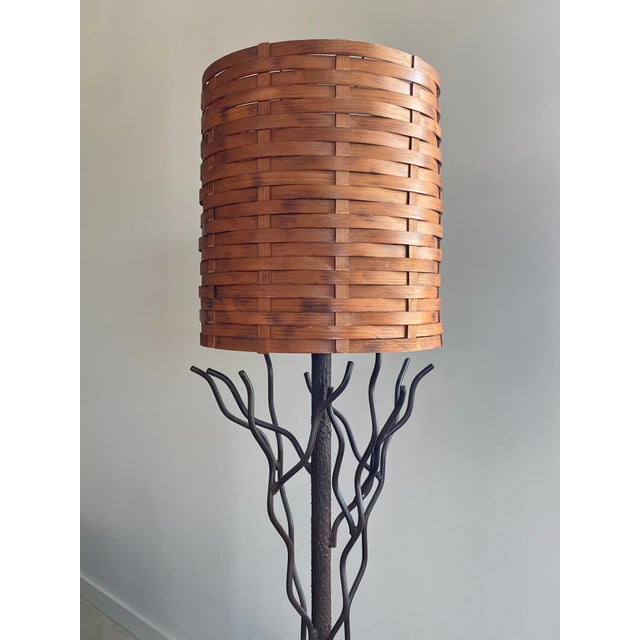 Tree-Like Welded Iron Floor Lamp With Woven Wood Shade For Sale - Image 9 of 17