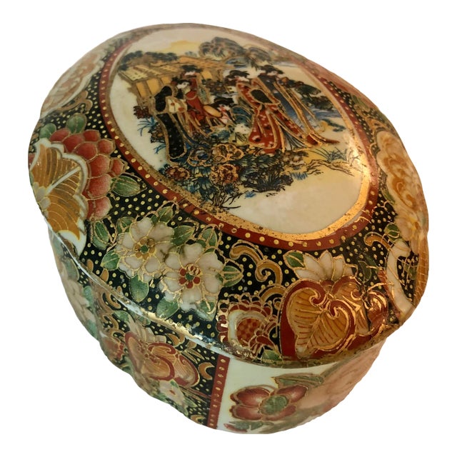 Vintage Cloisonné Ceramic Lidded Box With Scalloped Edge For Sale