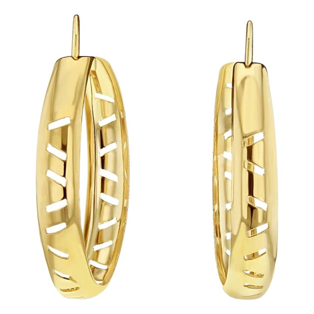37MM Wide Curved Gold Hoops with Cuts 14k Yellow Gold, 2 Pieces For Sale