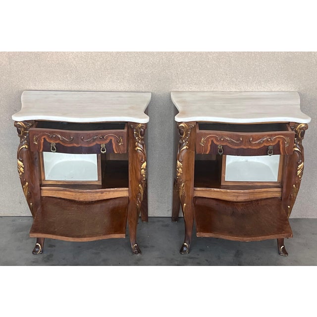 French Early 20th Century French Louis XV Marquetry Marble-Top Nightstand or Side Tables, A Pair For Sale - Image 3 of 18
